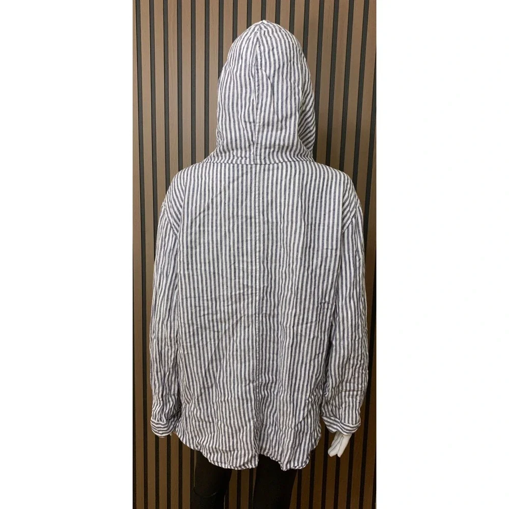 Tahari 100% Linen Striped Hooded Button Down Shirt Jacket Blue White Large